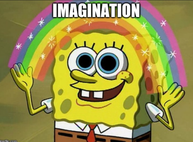 A photo of Spongebob Squarepants, from the population Nick tv show, illustrating the concept of Imagination in the Magic Box episode. He makes a rainbow with his hands. His eyes are large with the promise of awesomeness.